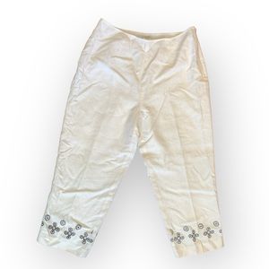 Women’s Linen Capri Pant Straight Leg Cropped Embroidered Hem White Floral Sz 10